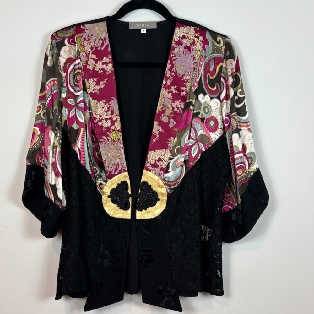 Vintage Black SA2 Y2K Beaded Lace Floral‎ Silk Kimono Top Womens MED Whimsigoth